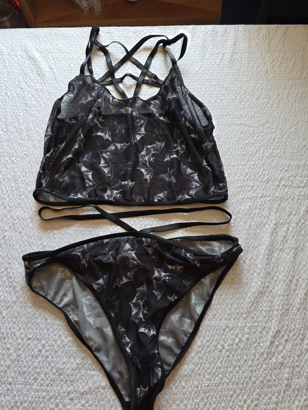 Black Bat-Print Strappy Sheer Cami & Bikini Set Xl